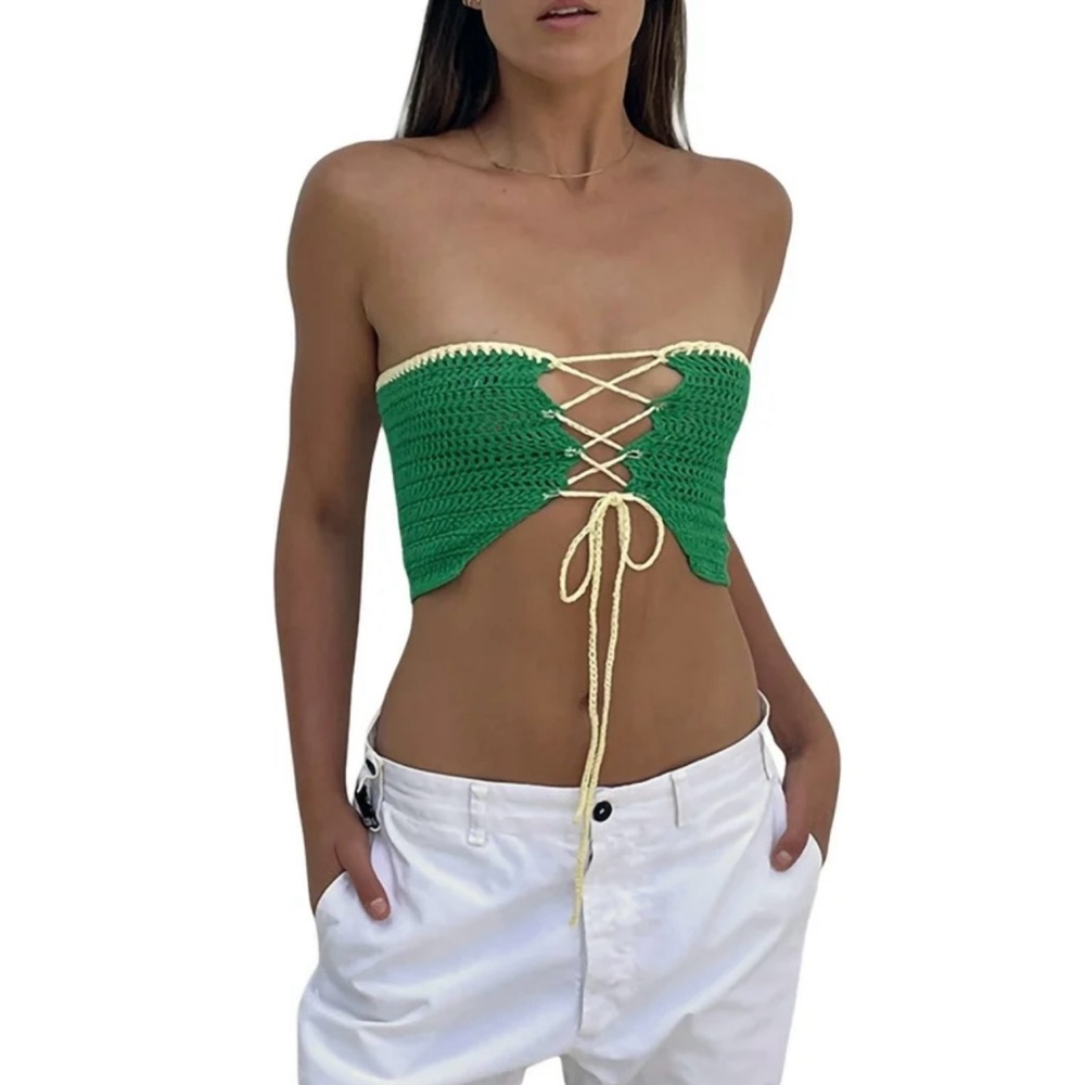 Green and yellow  Lace-Up Crochet Tube Top small